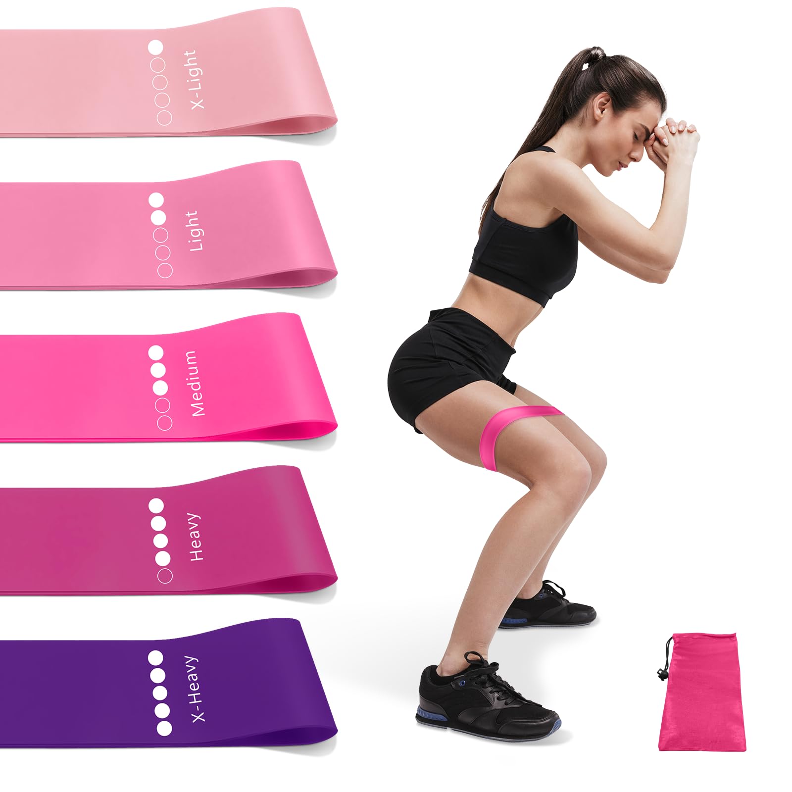 Resistance Bands for Working Out, Exercise Bands Resistance Bands Set with 5 Resistance Levels, Multi-Colored Workout Bands for Indoor & Outdoor Fitness, Leg Strength Training, Yoga (Pink)