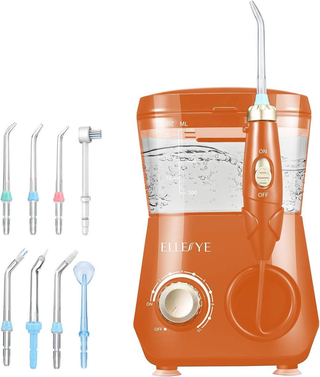 Water Flosser, ELLESYE 600ml Oral Irrigator with 7 Multifunctional Jet Tips & 1 Toothbrush Head for Home & Family, Dental Oral Irrigator for Teeth Cleaning & Braces Care, Adults & Kids Use Orange