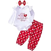 Wynato Newborn Infant Baby Girl My First Valentines Day Outfit long Sleeve Onesie Romper love Heart Print Pants And Headband
