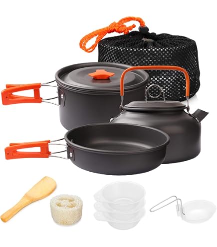 Sonhomay Batterie de cuisine de camping, 8 pièces en acier inoxydable avec assiettes, tasses, ustensiles de cuisine légers pour camping, randonnée et pique-nique Sonhomay Batterie de cuisine de camping, 8 pièces en acier inoxydable avec assiettes, tasses, ustensiles de cuisine légers pour camping, randonnée et pique-nique