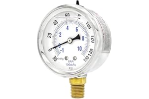 PIC Gauges PRO-201L-254CF 30-0-150 PSI Pressure Gauge, 2 1/2" Dial, 1/4" Male NPT Connection, Bottom Mount, Dual Scale, Glycerin Filled, Stainless Steel Case/Bezel, Brass Internals & Plastic Lens, -30/0/300