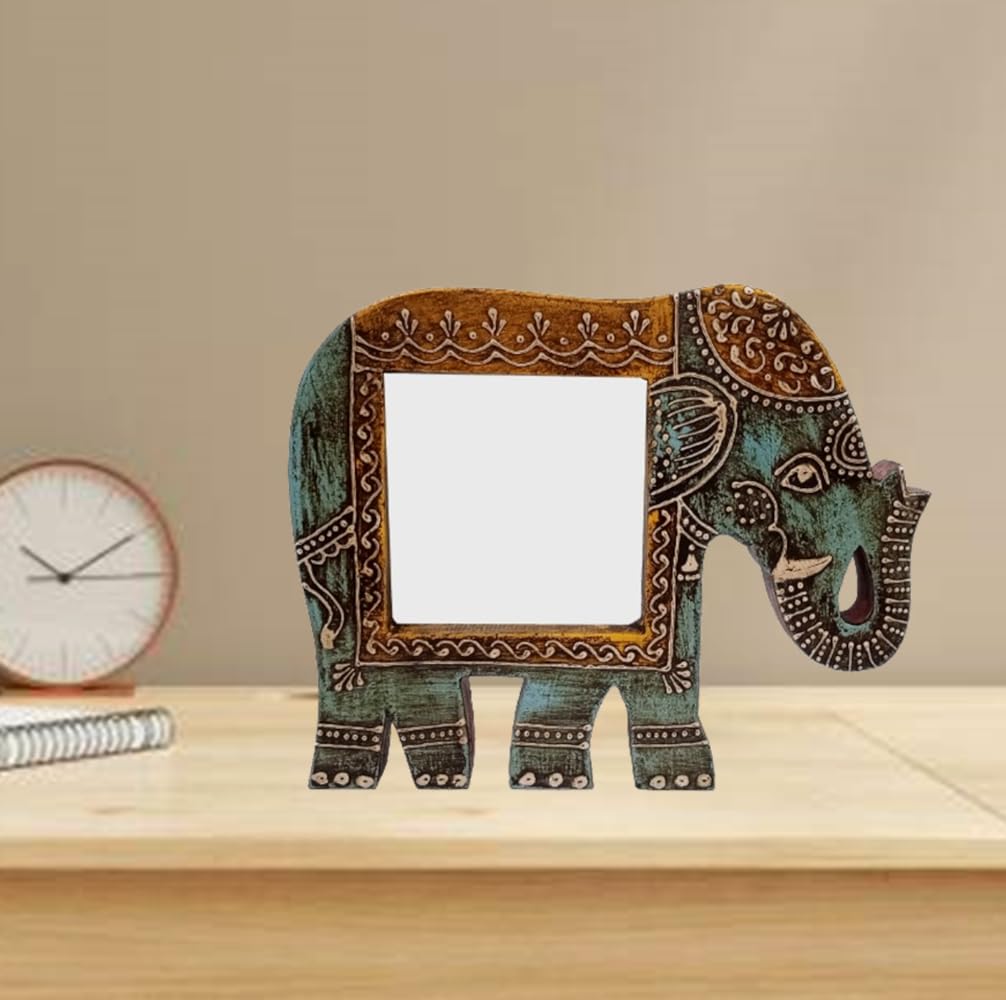 Purpledip Artistic Photoframe Wooden Elephant Shaped for 4x4 inch photo size Unique Indian souvenir (10989)