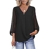 Bebonnie Womens Lantern 3/4 Sleeve Causal Loose V Neck Chiffon Blouses Tops