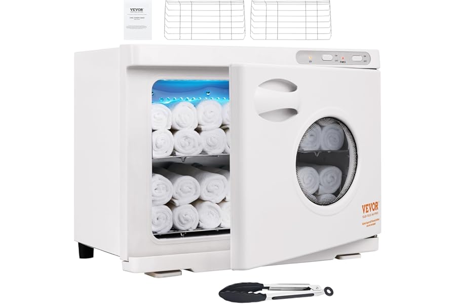 VEVOR 23L Large Capacity Hot Warmers with See Through Window, Two Stainless Steel Racks, Holds up 50-60 Towels, 2-in-1 Quick and All-Round Heating for Facials, SPA, Massage, Salon, White