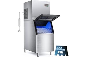 FADHOLE 600LBS/24H Commercial Ice Machine Maker, 420LBS Capacity Large Industrial Ice Maker, Clear Ice Cubes Ready in 5-15min, Micron Water Purification Filter 99% impurities, for Cafe, Bar