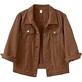 Locachy Womens 3/4 Sleeve Short Denim Jacket Lapel Button Down Cropped Trucker Jean Jackets Coats
