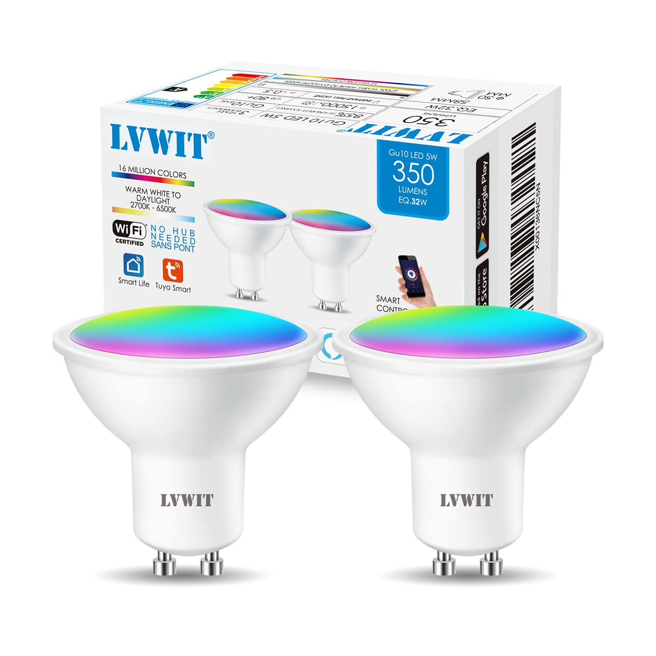 LVWIT GU10 Smart Bulbs,Alexa Light Bulb,RGB Colour WiFi Smart Light Bulbs,5W 350Lm,Dimmable Color Changing Light,Smart Home Life,Compatible with Alexa,Echo,Google Assistant(Pack of 2)