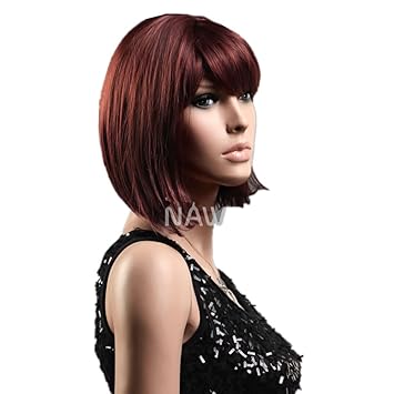 Cool Short Bob Copper Red Natural Straight Full Fringe Bangs