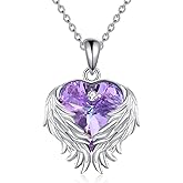 URONE Angel Wings Necklace for Women 925 Sterling Silver Love Heart Purple Crystal Pendant Wedding Anniversary Christmas Valentine's Mother's Day or Birthday Jewelry Gifts for Mom Wife