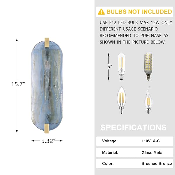 RAINLIGHTING 2 PACK 2 LIGHT OVAL BLUE GLASS BATHROOM WALL SCONCE MODERN CONCISE STYLE WALL LIGHT FIXTURE,GOLD FINISH FOR BEDROOM HALLWAY BEDSIDE