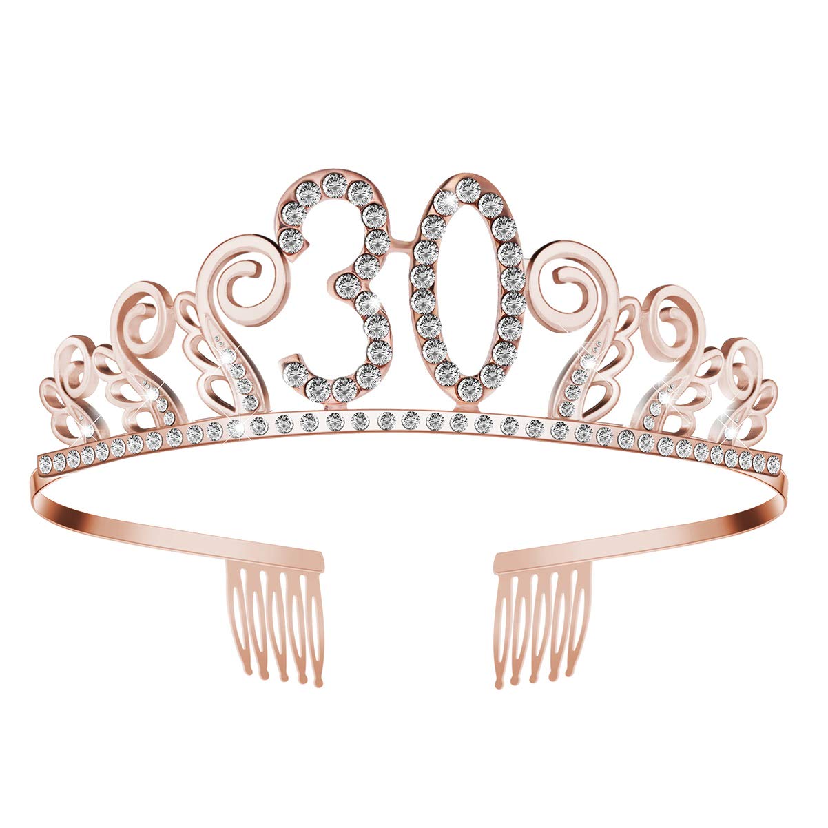30th Birthday Tiara Crystal Tiara Queen Crown Rhinestone Princess Tiara Headband Hair Combs Pin for Women (Rose Gold)