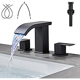 LED Light Black Waterfall Bathroom Faucet 3 Holes - 8Inch Widespread Bathroom Sink Faucet | Two Handles Lavatory Vanity Sink Faucets with Pop-up Drain Assembly & Supply Lines