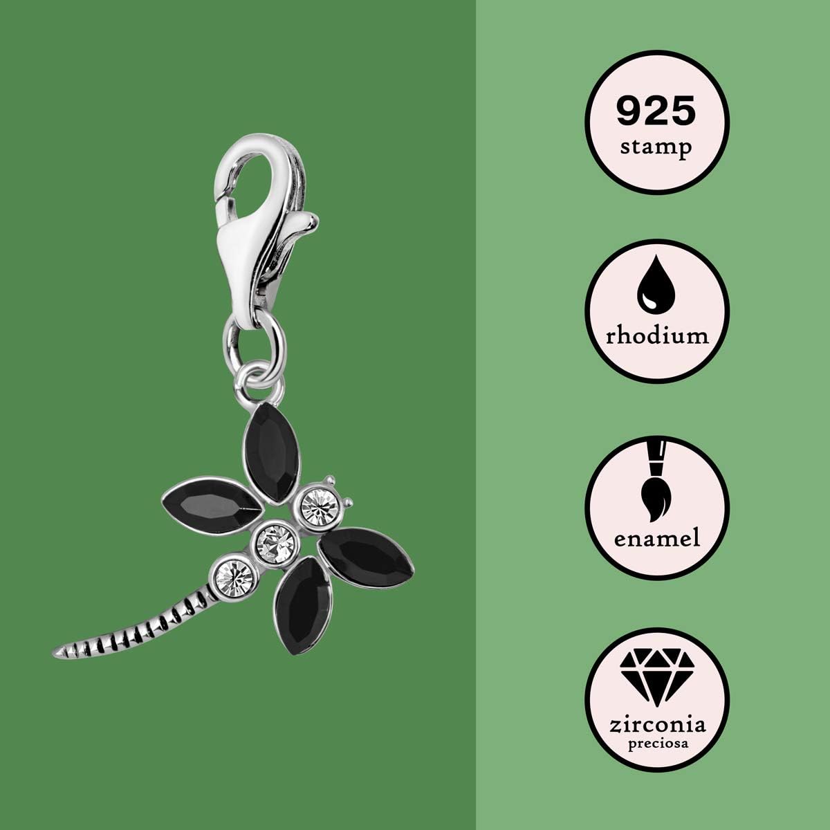 Quiges 925 Sterling Silver Black Cubic Zirconia Abstract Dragonfly Lobster Clasp Charm Clip on Pendant, Black Zirconia Dragonfly - Image 4