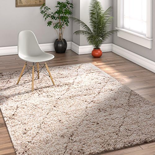 Modern Geometric Lattice Shag 7x10 (6'7'' x 9'10'') Area Rug Mazie Moroccan Trellis Beige Cream Plush Easy Care Thick Soft Plush Living Room