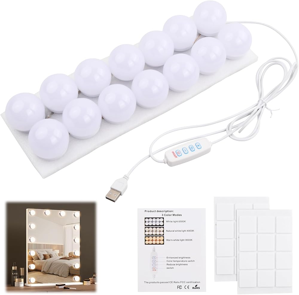 Pagezol 14 Bulbs Hollywood Style LED Makeup Lights USB Cable 3 Color 9 Level