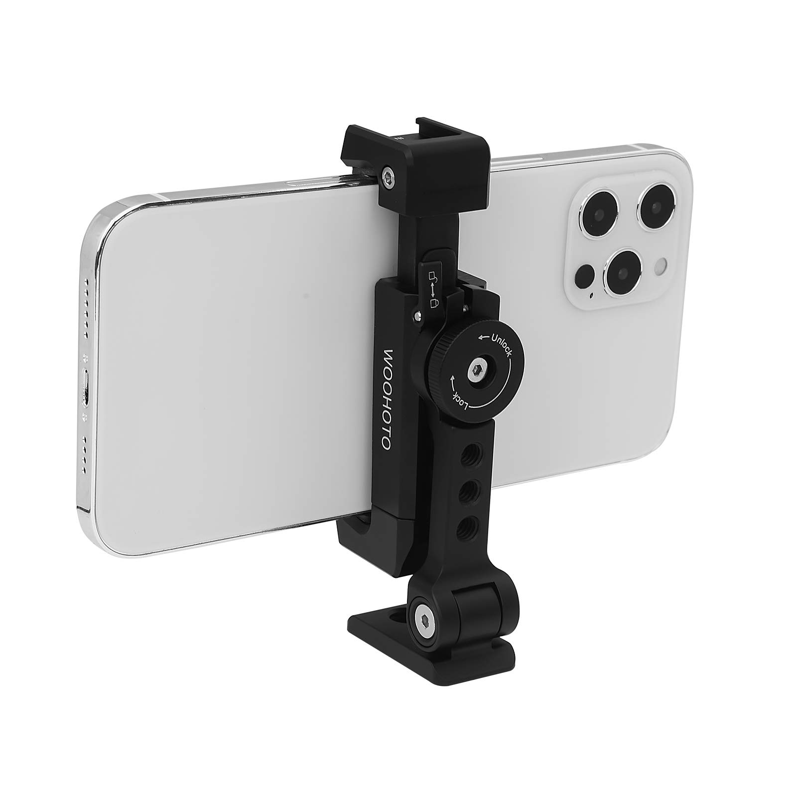 Woohoto Metal Phone Tripod Mount with Cold Shoe, 360 Rotated and Tilt Angles Version, Compatible with iPhone Tripod Mount,Samsung Smartphone Clip Adapter, Cell Phone Clamp Holder,Video Rig Mount