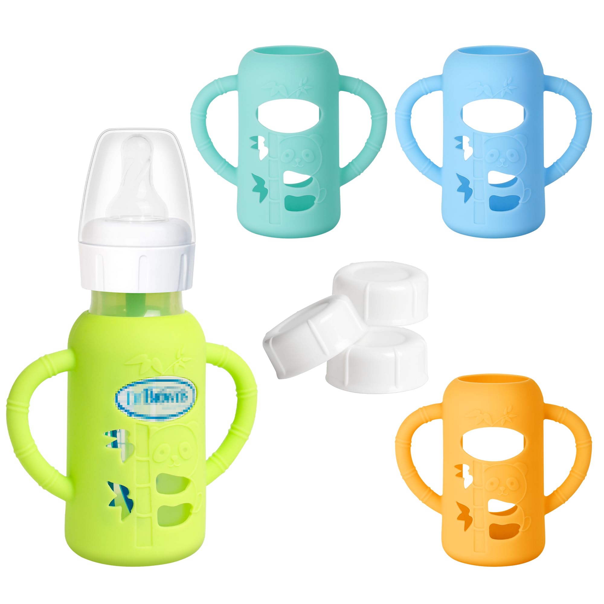 Photo 1 of 3 Pack Silicone Sleeve with Handle + Narrow Storage Caps, Anti Breakage Baby Bottle Holder, Compatible Dr. Brown's Narrow Baby Bottle(Orange+Blue+Green), 4 oz/120 mL