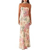 Women Floral Tube Maxi Dress with Scarf Summer Strapless Tube Bodycon Mesh Layer Cocktail Party Wedding Guest Dress