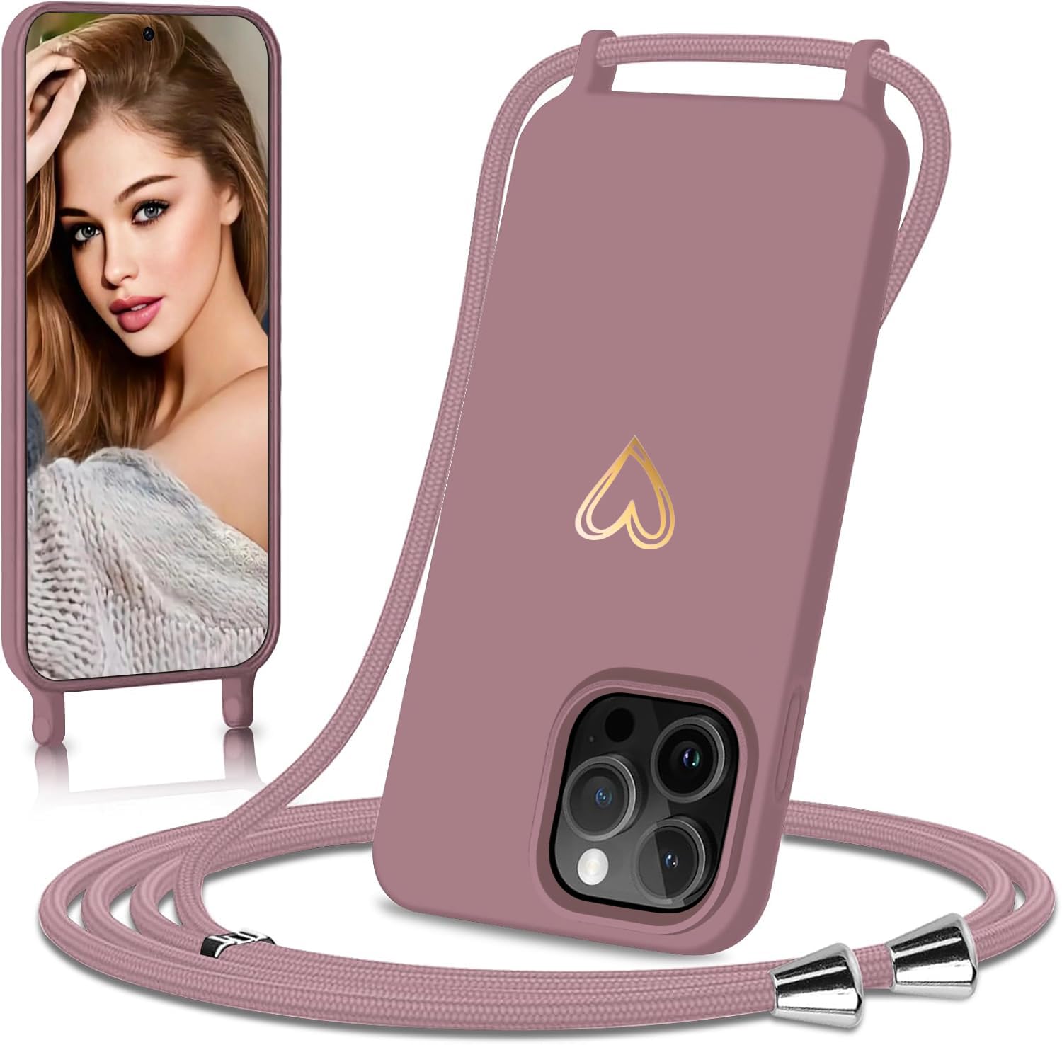 Eherui Mobile Phone Chain Case for iPhone 16 Pro, Gold Heart Design, TPU Case with Removable Cord, All-Round Protection, Pink