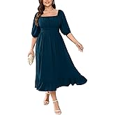 Women's Plus Size Maxi Dress Summer Half Lantern Sleeve Square Neck Smocked Flowy A-Line Elegant Wedding Guest Dresses