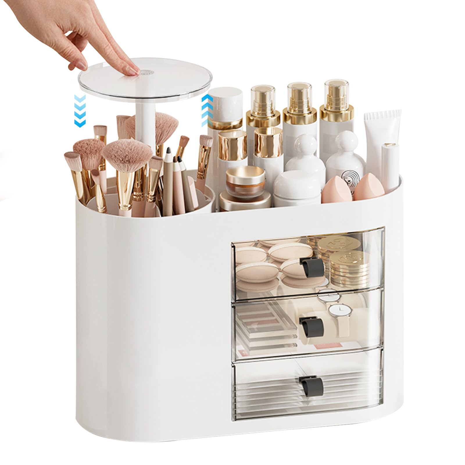 Photo 1 of DASITON Makeup Organizer with 3 Drawers,Automatic Lifting Makeup Brush Holder with Lid,Large Capacity Makeup Organizers for Vanity,Bathroom Countertop,Ideal Storage Skin Care,Brushes,Lipstick (White)