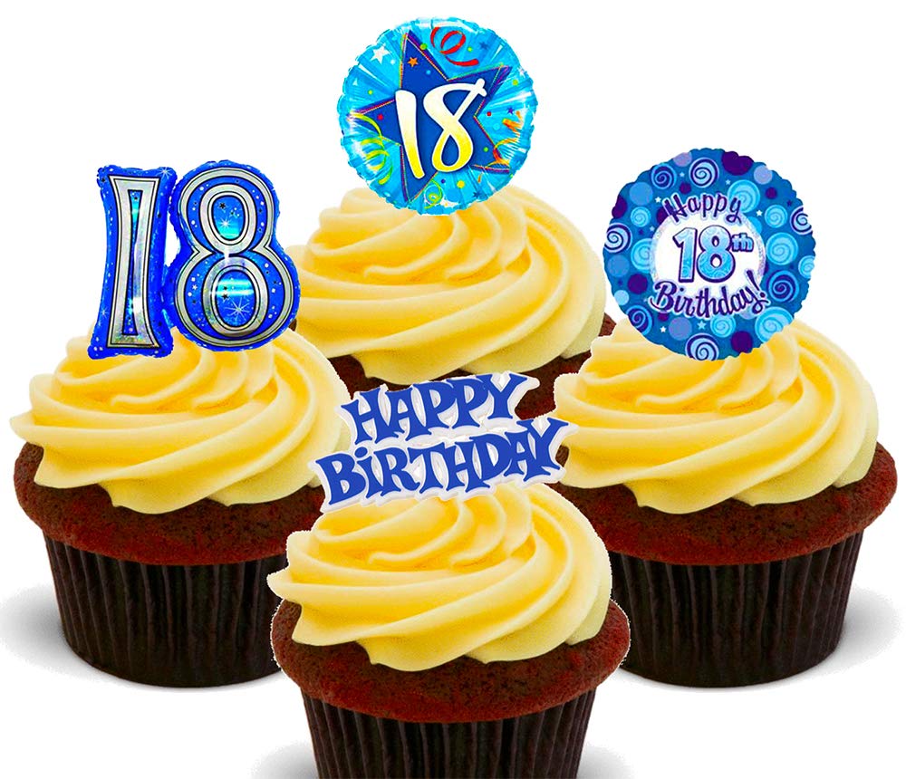 18th Birthday Boy - Blue Edible Cake Decorations- Stand-up Wafer Cupcake Toppers (Pack of 12)
