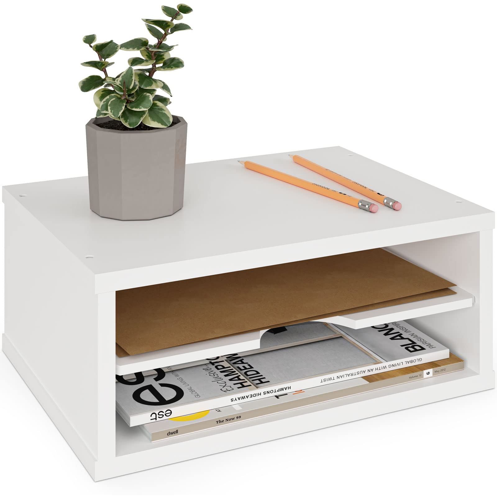 Photo 1 of Ballucci File Organizer, 2-Tier Document Paper Sorter, Stackable Wood Desk Organizer Mail Holder, Monitor Stand with Storage Shelves, White