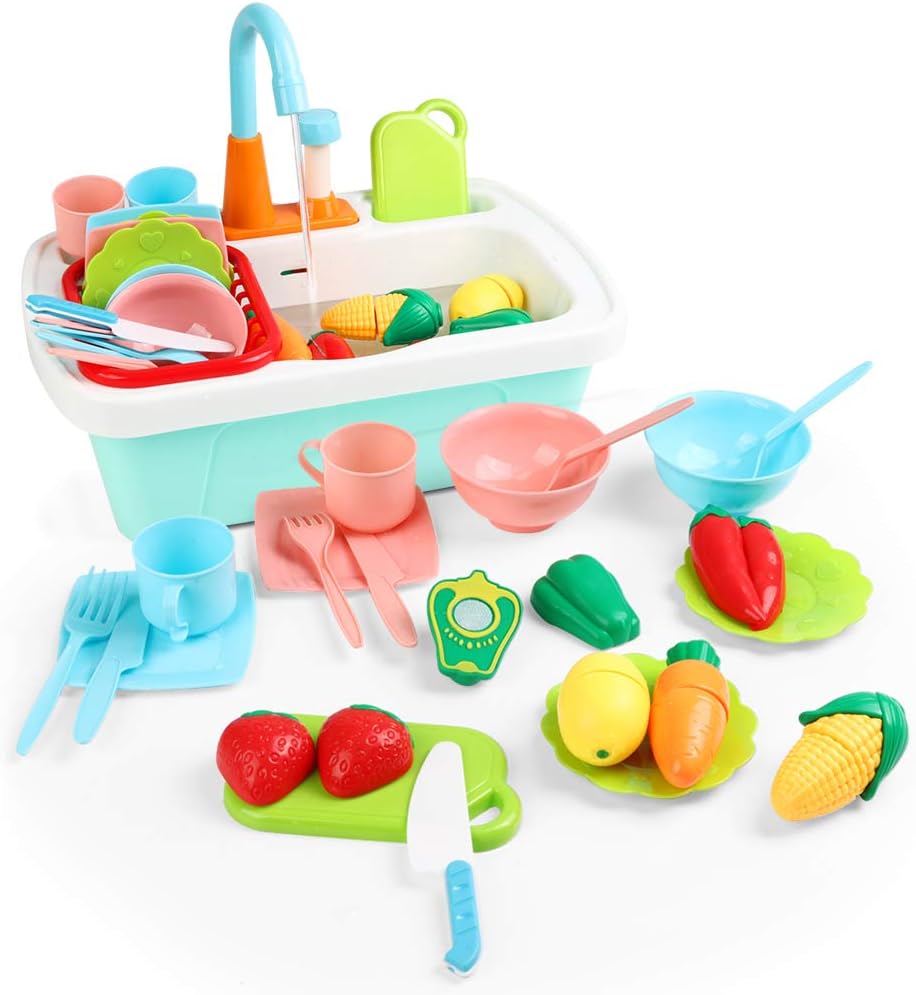 JoyGrow Kitchen Sink Toys 24PCS Pretend Play Wash Up Kitchen Toys Dishwasher Cutting Toys