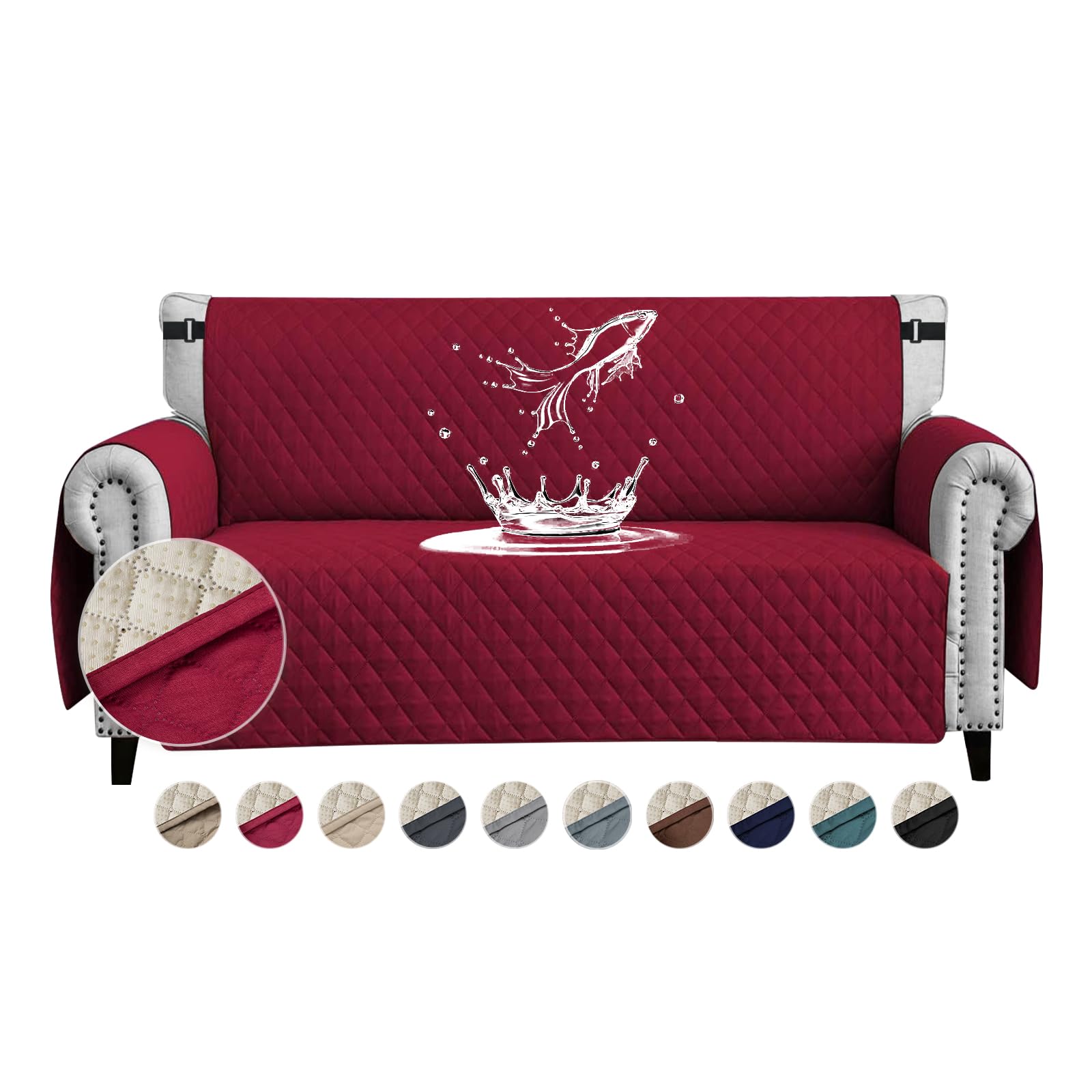 FIGOOO Sofa Covers Water Resistant Sofa Slipcovers 2 Seater Waterproof Anti-Slip Anti-Scratch Sofa Cover with Non Slip Elastic Straps for Dogs Cats Pets,Burgundy