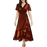 Olaesa Women's Velvet Maxi Dress Boho V Neck Wrap Dress for Wedding Guest Fall Maternity Formal Dress with Pockets