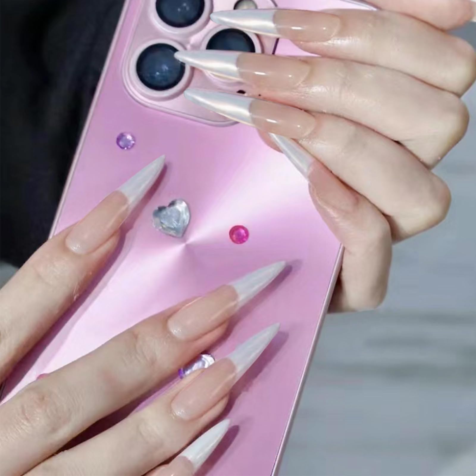 Photo 1 of 24Pcs French Tips Press on Nails with Stiletto Design, Stiletto Manicure Art Acrylic Long Stiletto Fake Nails Stick on Nails Glossy White French False Nails Gel Glue on Nails for Coquette Women Girls