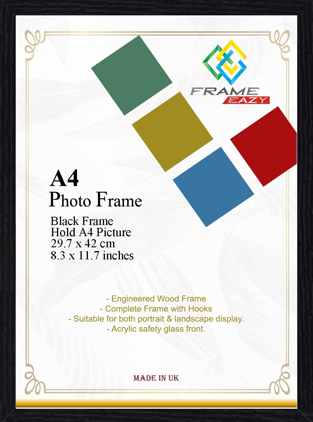 FRAME EAZY A4 Black Photo Picture Frame A4 Certificate Display Frames Modern Flat Design 29.7 x 21cm Frames With Safe Perspex Front & Wall Hanging Hooks/Tabletop