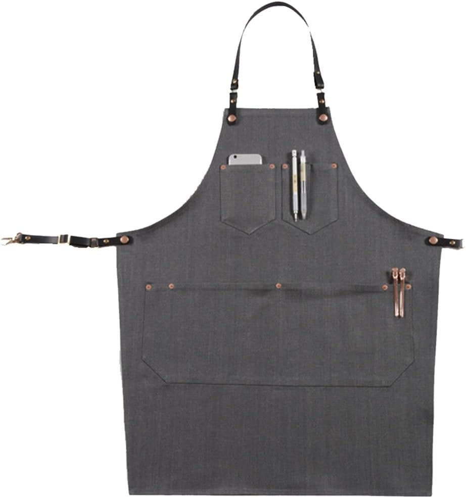 Phonyeer Long Gray Denim Apron Leather Waist Strap Barber Florist Barista Catering Work Wear