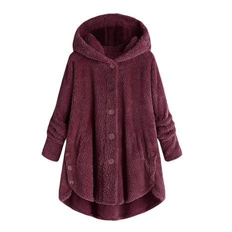 iHENGH Damen Herbst Winter Bequem Mantel Lässig Mode Jacke Mode Frauen Knopf Mantel Flauschige Schwanz Tops Mit Kapuze Pullov