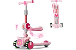 KEAMAIDY Unbreakable & Never Fall Down 2-in-1 Scooters Kids 3 Wheel Kick Scooter for Boys Girls Ages 3-8, Adjustable Height & Seat, Widened Non-Slip Deck, More Safer for Beginner Toddlers