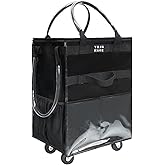 Reusable Grocery Bag On Wheels(Medium -Black), Rolling Tote Bag, Shopping Cart with 8 Pockets and Zipper Cover for Trips, Foldable, Heavy Duty Handles, Carries Up to 46LBS