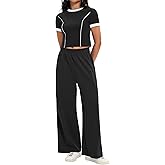 ONFERS Tracksuit for Women Two Piece Set Short Sleeve Crop Tops Wide Leg Pants Summer Fall Outfits Color Block