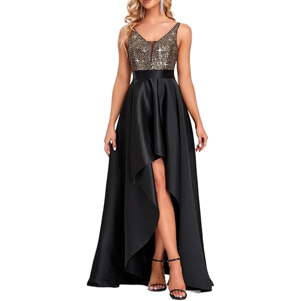 Vestido De Cóctel Alta Baja Con Lentejuelas - Chifón Sin Mangas, Escote En V, Para Fiestas Y Eventos Elegantes