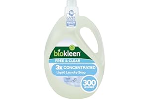 Biokleen Free & Clear Natural 3X Concentrated Liquid Laundry Detergent, 300 Loads, Plant-Based, Hypoallergenic, Removes Stains & Fights Odors, Dye Free, Unscented