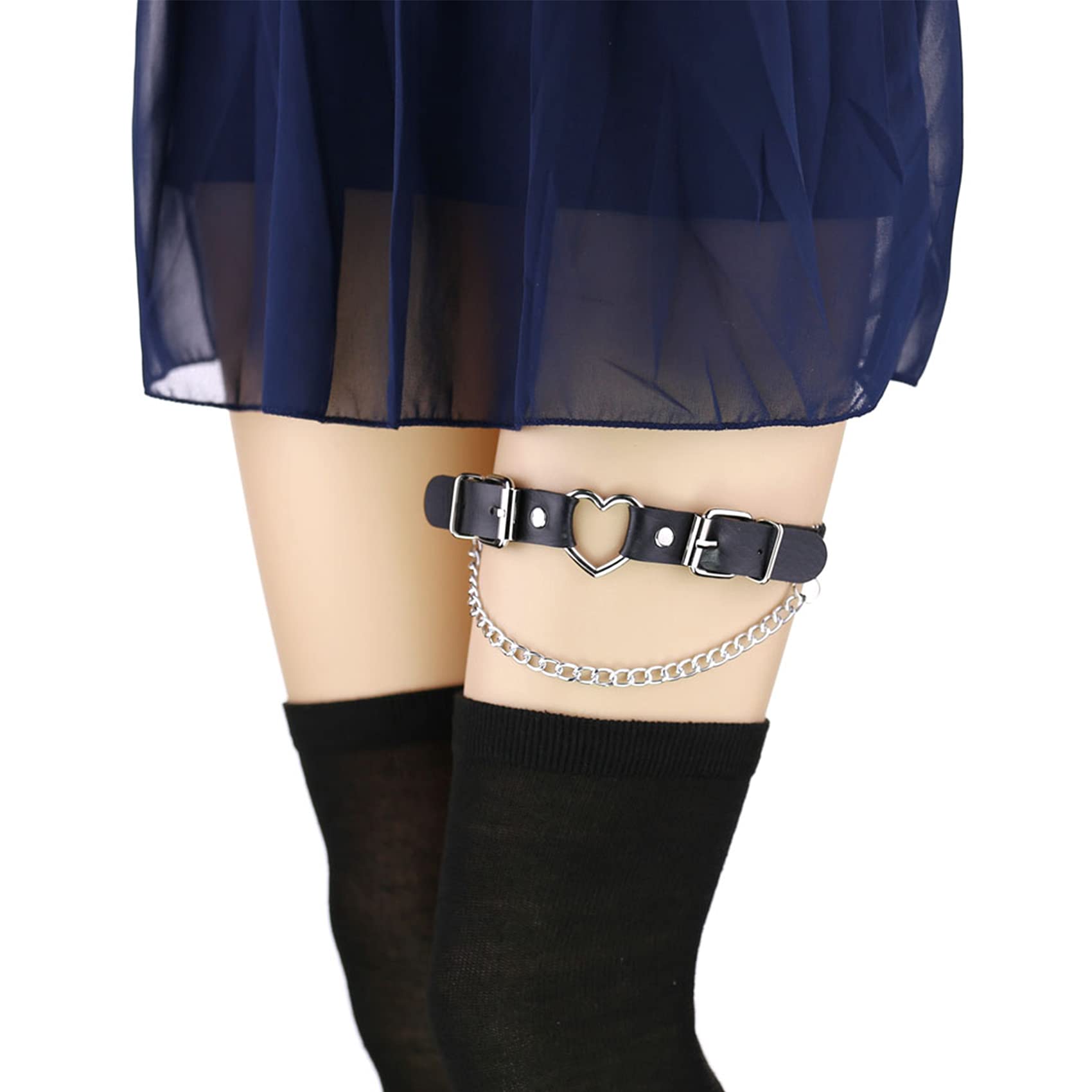 alisikee 2PCs Leather Leg Garter with Chains, Elastic Rock Heart Thigh Garter for Women