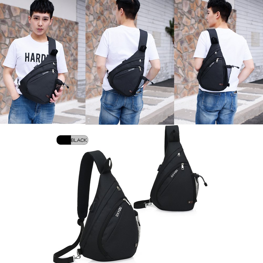 Pecho Mochila SINOKAL Bolso Pecho Casual bandolera hombro triángulo paquetes Daypacks para hombres mujeres Sling Bolsa con puerto de carga para el deporte al aire libre Gimnasio viajes senderismo (Negro)