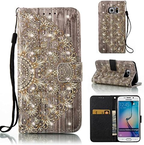 Galaxy S6 Edge case, [wrist strap] Magnetic wallet case inner rubber bumper [kickstand] shock absorbent scratch resistance card holder book case gift for samsung s6 edge-flower2