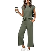Sampeel Womens Sets Two Piece Vacation Outfits Travel Summer Beach Clothes Cozy Lounge Matching Sets Women Clothing Wide Leg Crop Pants S