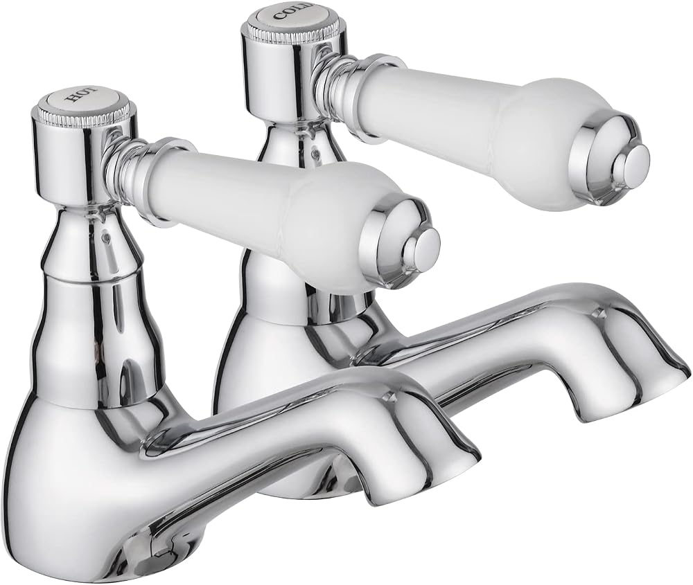 JASSFERRY Pair of Basin Taps Hot Cold White Ceramic Handle 1/4 Turn Chrome Set