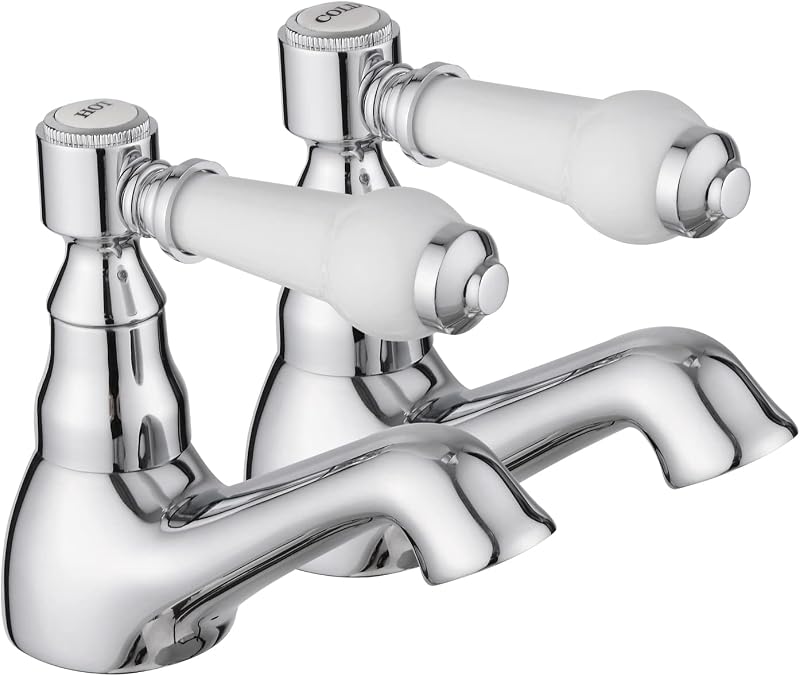 JASSFERRY Pair of Basin Taps Hot Cold White Ceramic Handle 1/4 Turn Chrome Set