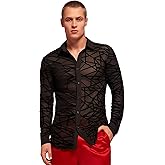 WDIRARA Men's See Through Mesh Shirt Collared Long Sleeve Textured Shirt Tops
