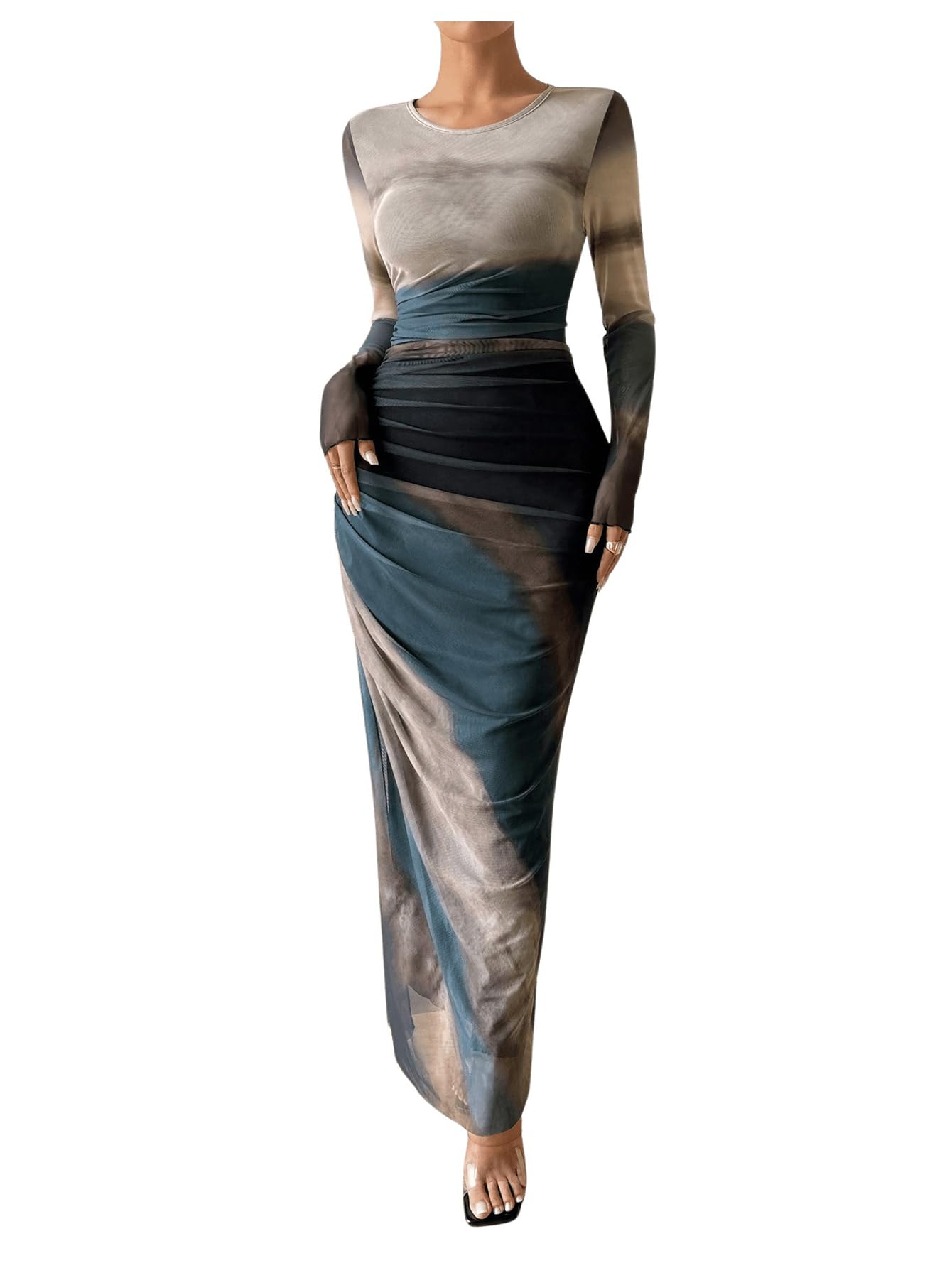 Photo 1 of BEAUDRM Women's Tie Dye Ruched Long Sleeve Dress Mesh Slim Fit Bodycon Maxi Dresses Green and Grey Large