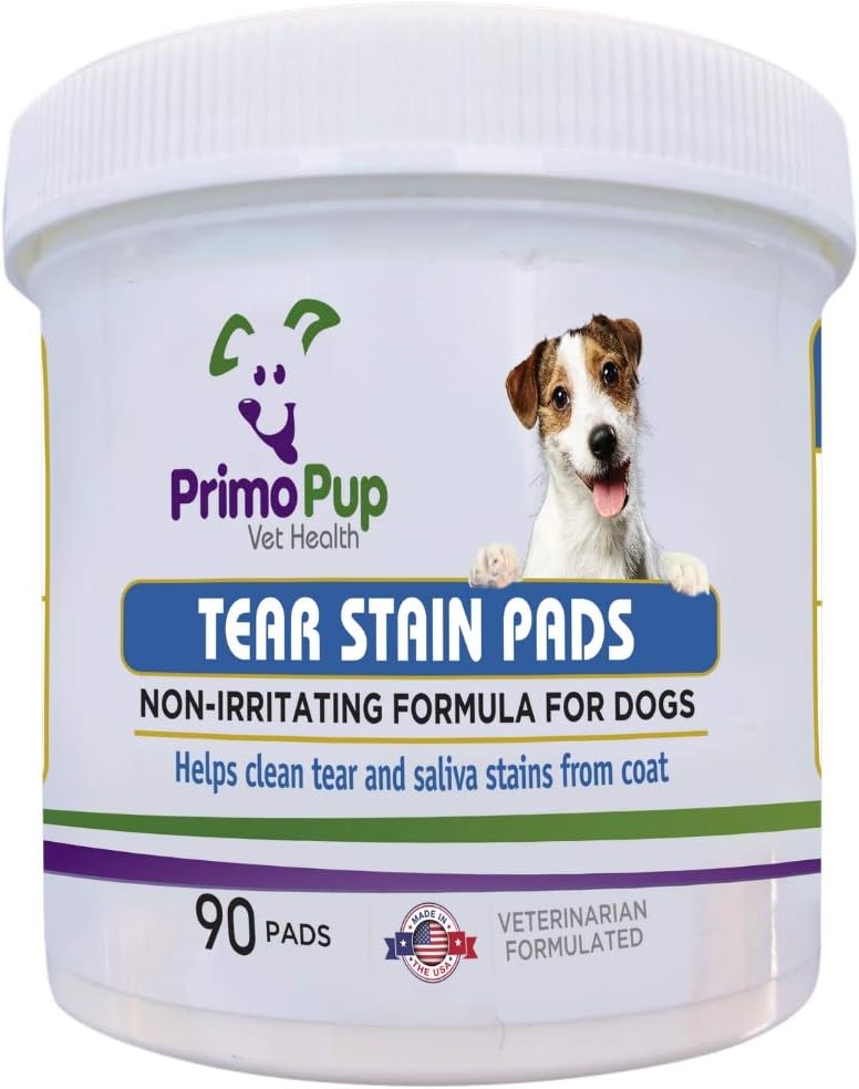 Primo Pup Vet Health - Tear Stain Pads for Dogs - Non-Irritating Formula Cleans Tear and Saliva Stains from Coat - 90 Pads