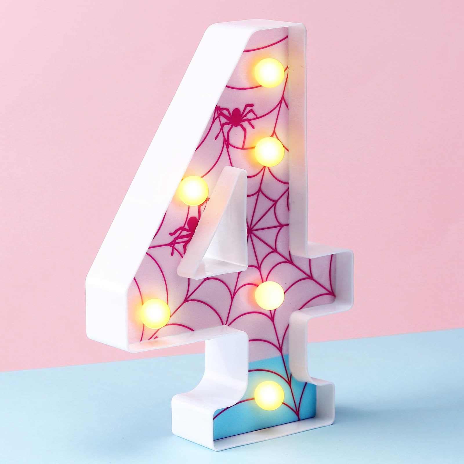Photo 1 of Leinuosen Spider LED Number Lights Birthday Party Decoration Pink Spider Light up Numbers Women Birthday Supplies for Marquee Night Christmas Gift Baby Shower (Number 4)