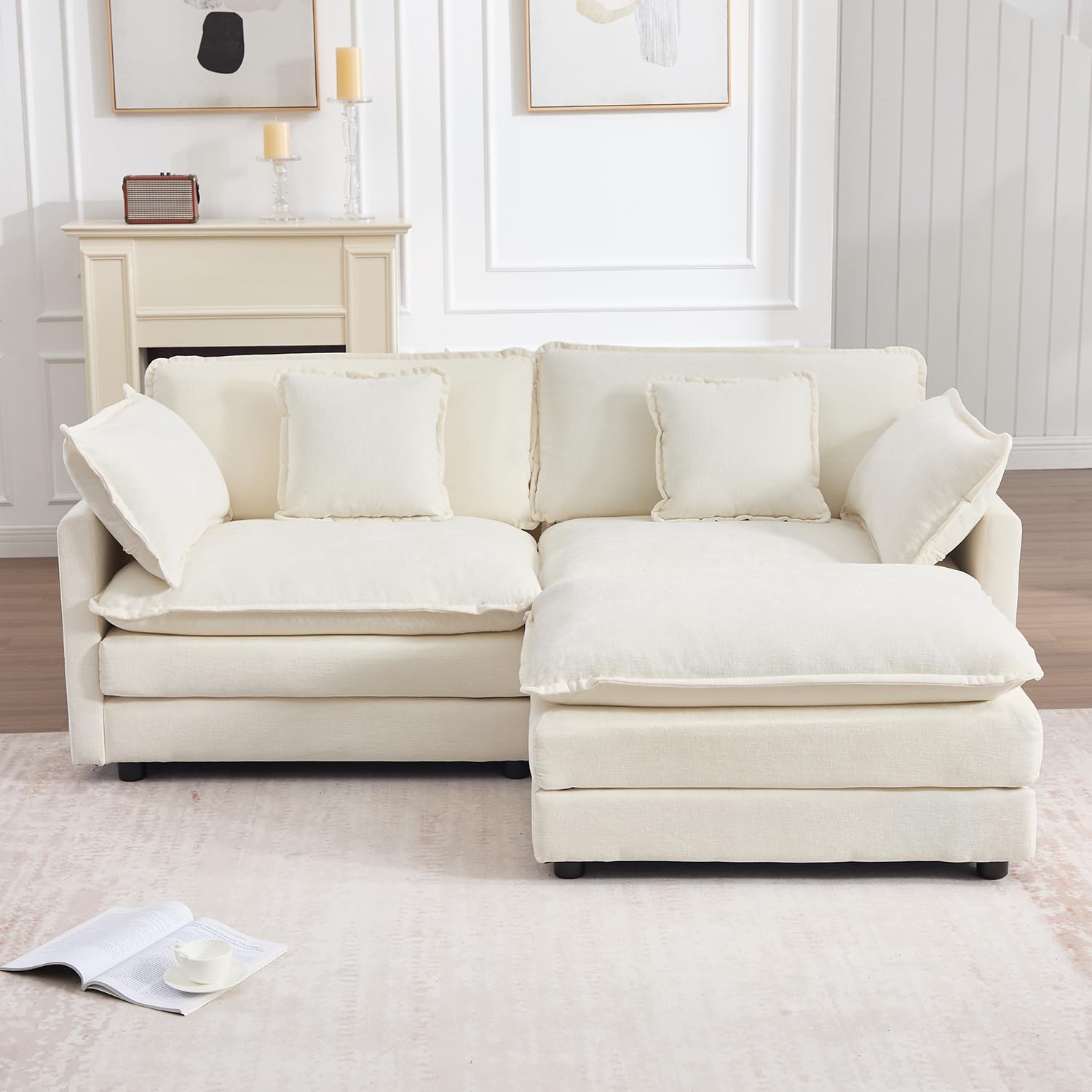 Photo 1 of ***RIP IN CORDOROY*** Modular Sectional Sofa with Ottoman, 70" Modern L Shaped Sectionals Cloud Couch, Comfy Couch Loveseat, 3 Seat Chenille Deep Seat Sofa with Pillow for Living Room, Bedroom Apartment, Small Spaces-Beige